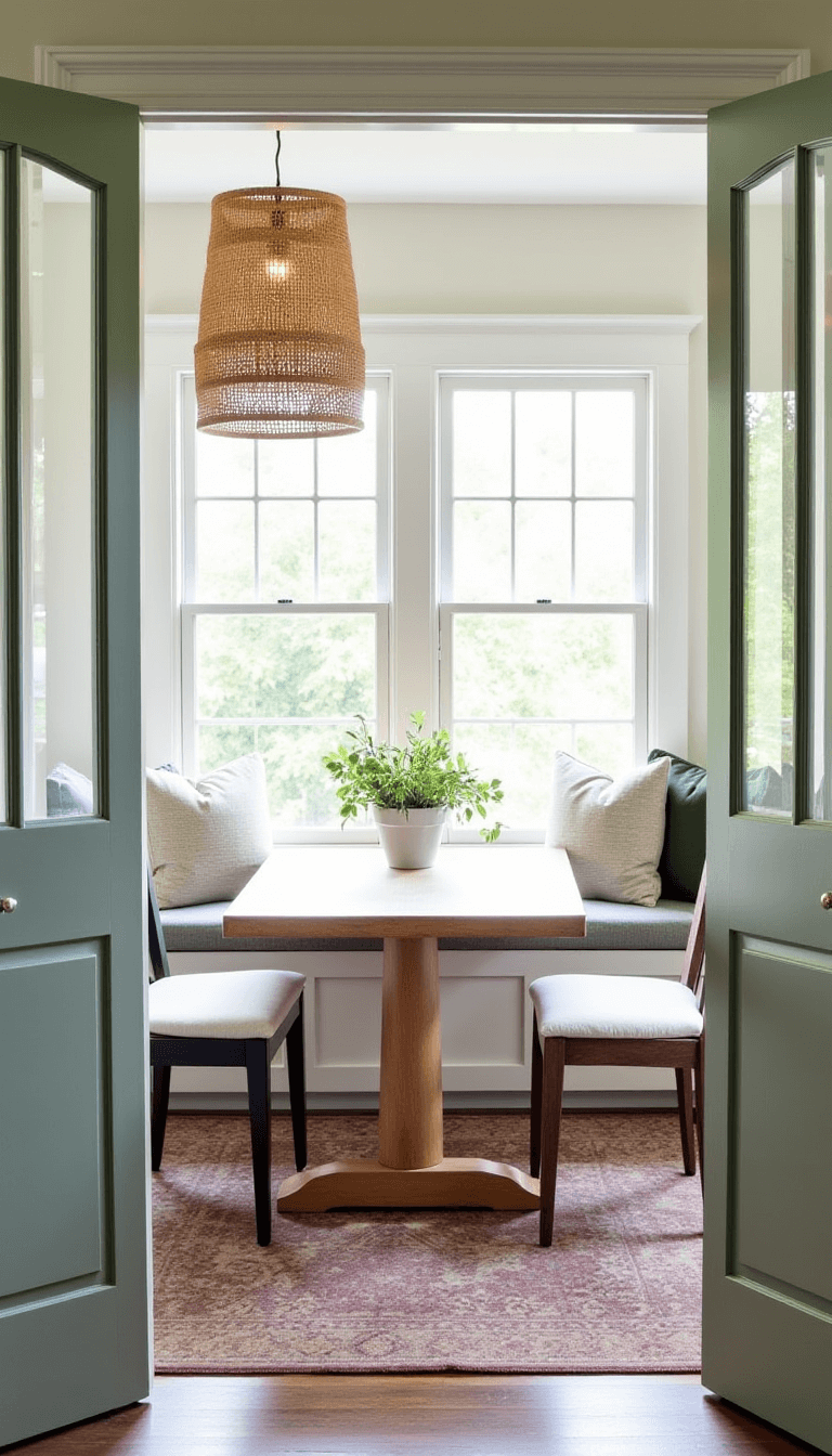 Bohemian-style breakfast nook with sage green French doors, a white oak table with mixed seating, built-in window seat with storage, rattan pendant light, and vintage Persian rug, shot in morning light showcasing indoor-outdoor garden connection