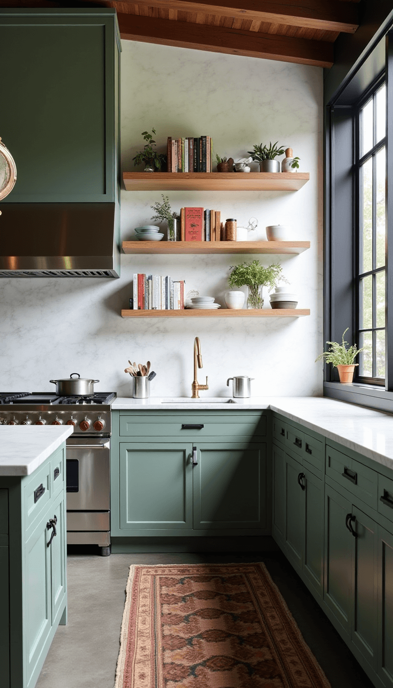 Sage green kitchen with stainless appliances, marble backsplash, white oak shelves, black steel window frames and concrete floors in afternoon light