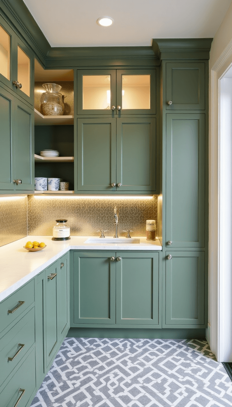 Sophisticated butler's pantry with sage green cabinets, antique mirror backsplash, white marble counters, and grey geometric floor tiles