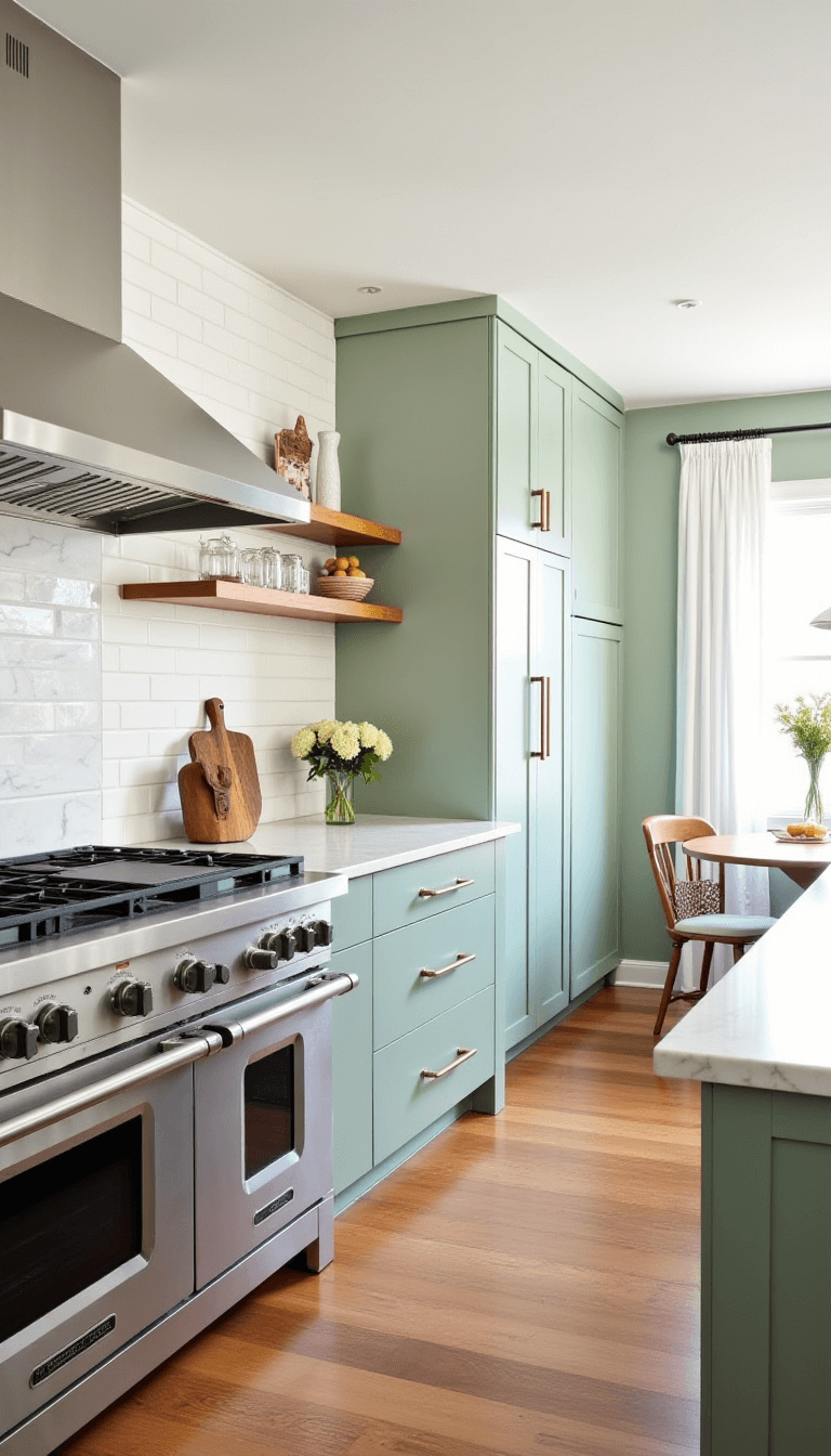 Contemporary craftsman style kitchen with two-tone sage and white cabinets, cream Zellige tile backsplash, marble island, white oak open shelves, and custom hood above professional range, shot from dining area during bright midday.