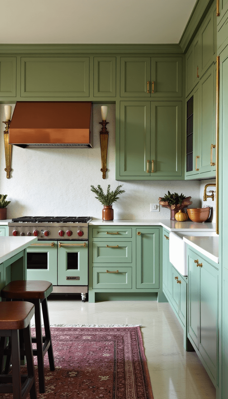 sage green english kitchen dawn light