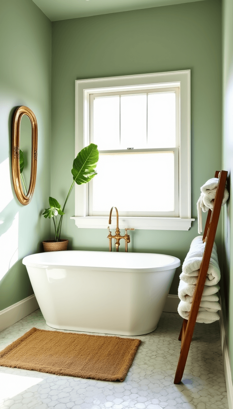Spacious, sunlit bathroom with sage green walls, freestanding white tub, vintage brass tub filler, marble hexagon flooring with jute rug, stacked white towels on teak ladder, and monstera plant reflected in brass mirror, creating a serene, spa-like atmosphere.