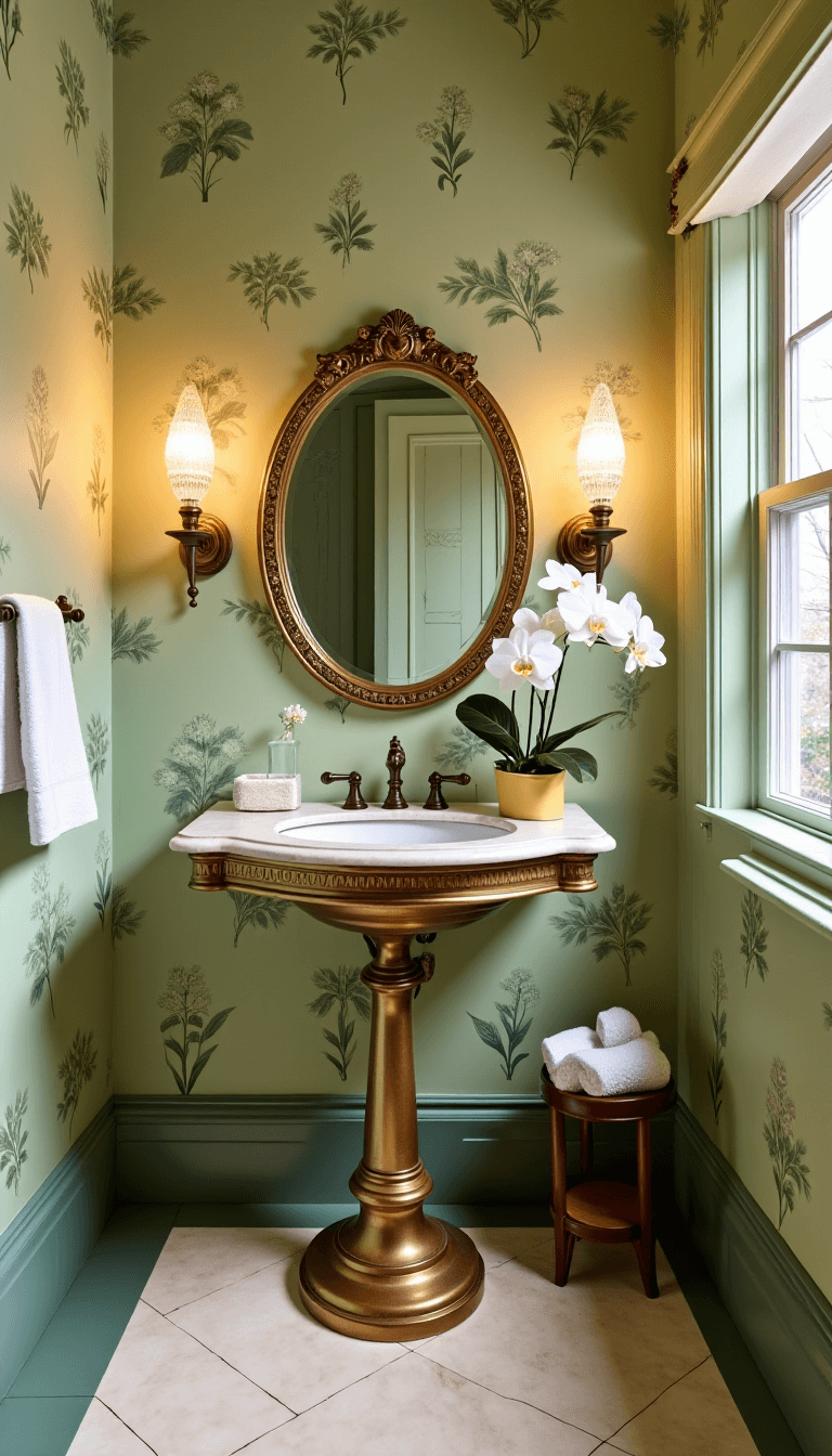 High-angle view of a small, intimate powder room with sage green botanical wallpaper, antique pedestal sink, herringbone marble floor, and ornate mirror, styled with a white orchid and mercury glass accessories, bathed in warm golden hour light.