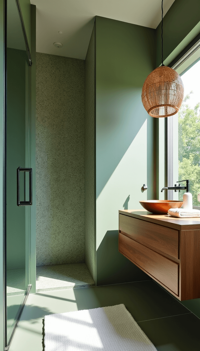 Sage green spa-inspired bathroom with floating teak vanity, frameless glass shower with zellige tiles, rattan pendant light, and large window providing natural light during midday