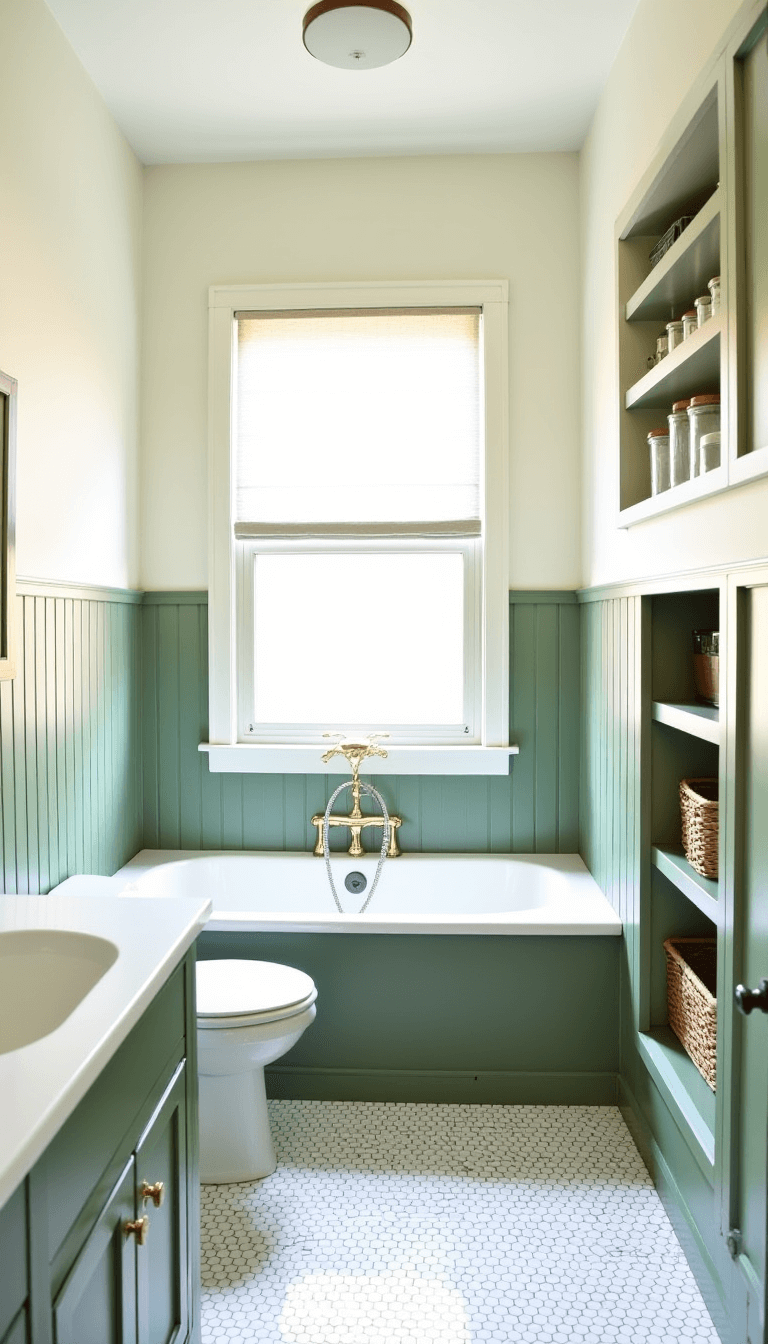 Wide-angle view of a vintage style family bathroom featuring sage green clawfoot tub and beadboard wainscoting against white walls, styled with woven baskets, apothecary jars and soft linen curtains