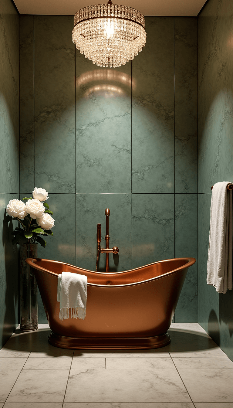 Luxurious ensuite corner with sage green marble walls, copper soaking tub, champagne bronze rainfall shower, heated travertine floors, crystal chandelier, fresh white peonies, and plush bath sheets during blue hour