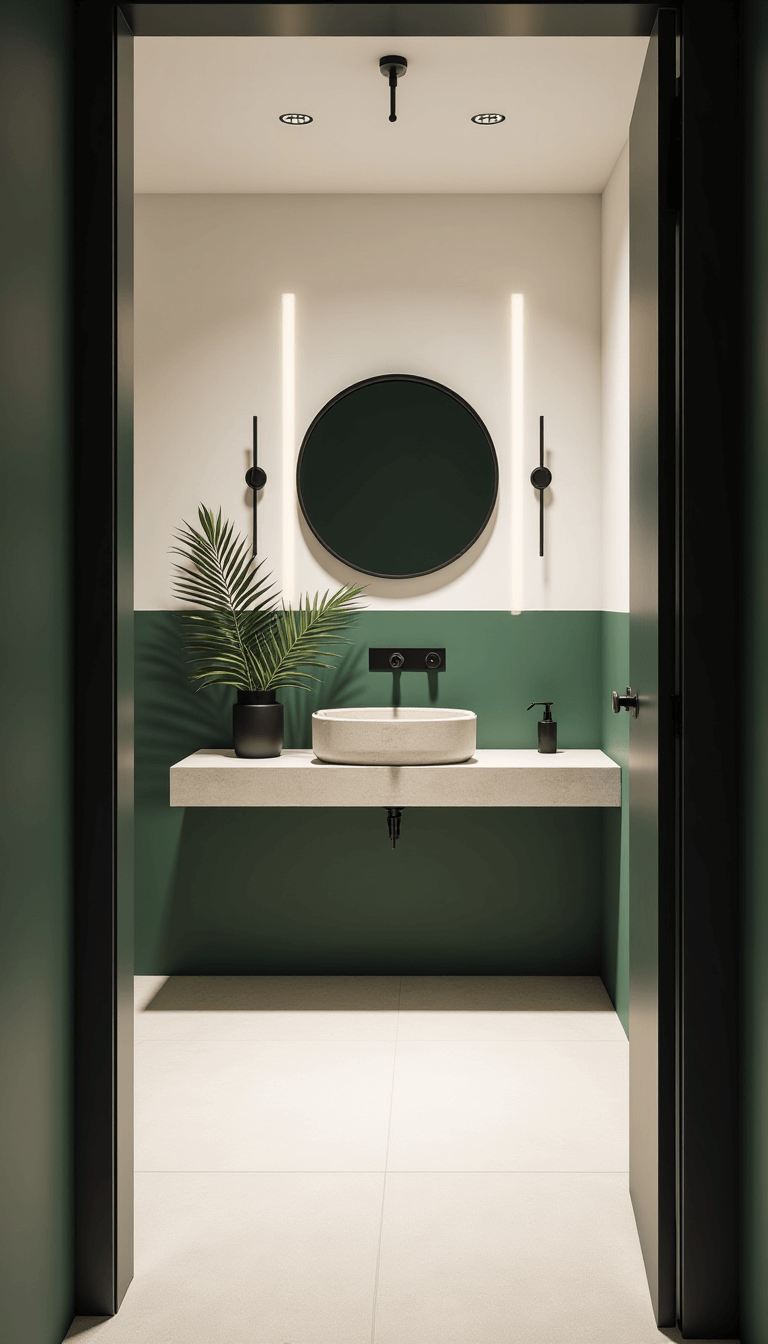 Contemporary Scandinavian styled bathroom with color-blocked sage green and white walls, textured bone-white floor tiles, concrete vanity with integrated sink, round black-framed mirror, slim LED lighting, and matte black accessories, enhanced by moody natural lighting.