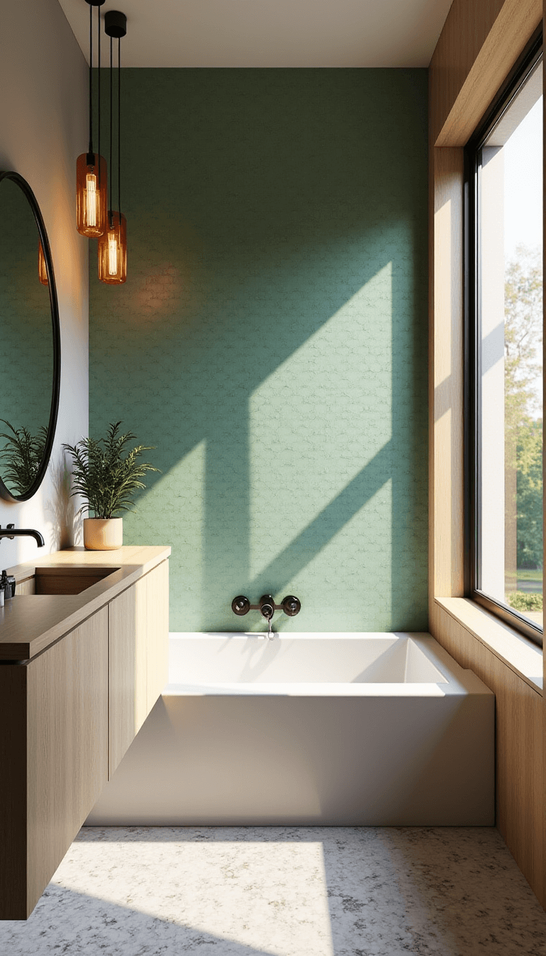 Boutique hotel-style bathroom with sage green fish scale tile wall, geometric marble floor, floating vanity in bleached oak, mixed metal finishes and designer pendant lights, styled with luxury bath products and fresh eucalyptus