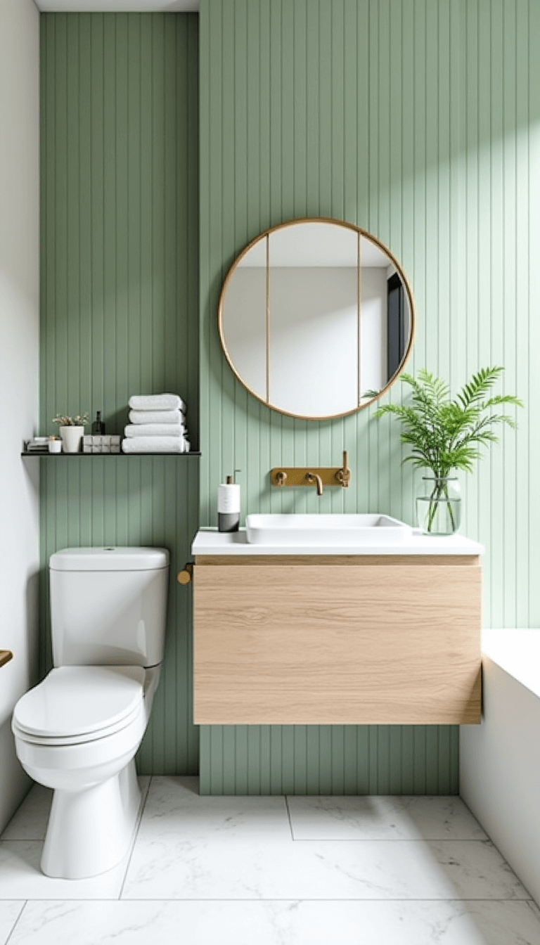 Small luxury bathroom with sage green vertical subway tiles, white oak wall-mounted vanity, brass mirror with lighting, large marble-look floor, styled glass shelves and a petite potted fern.