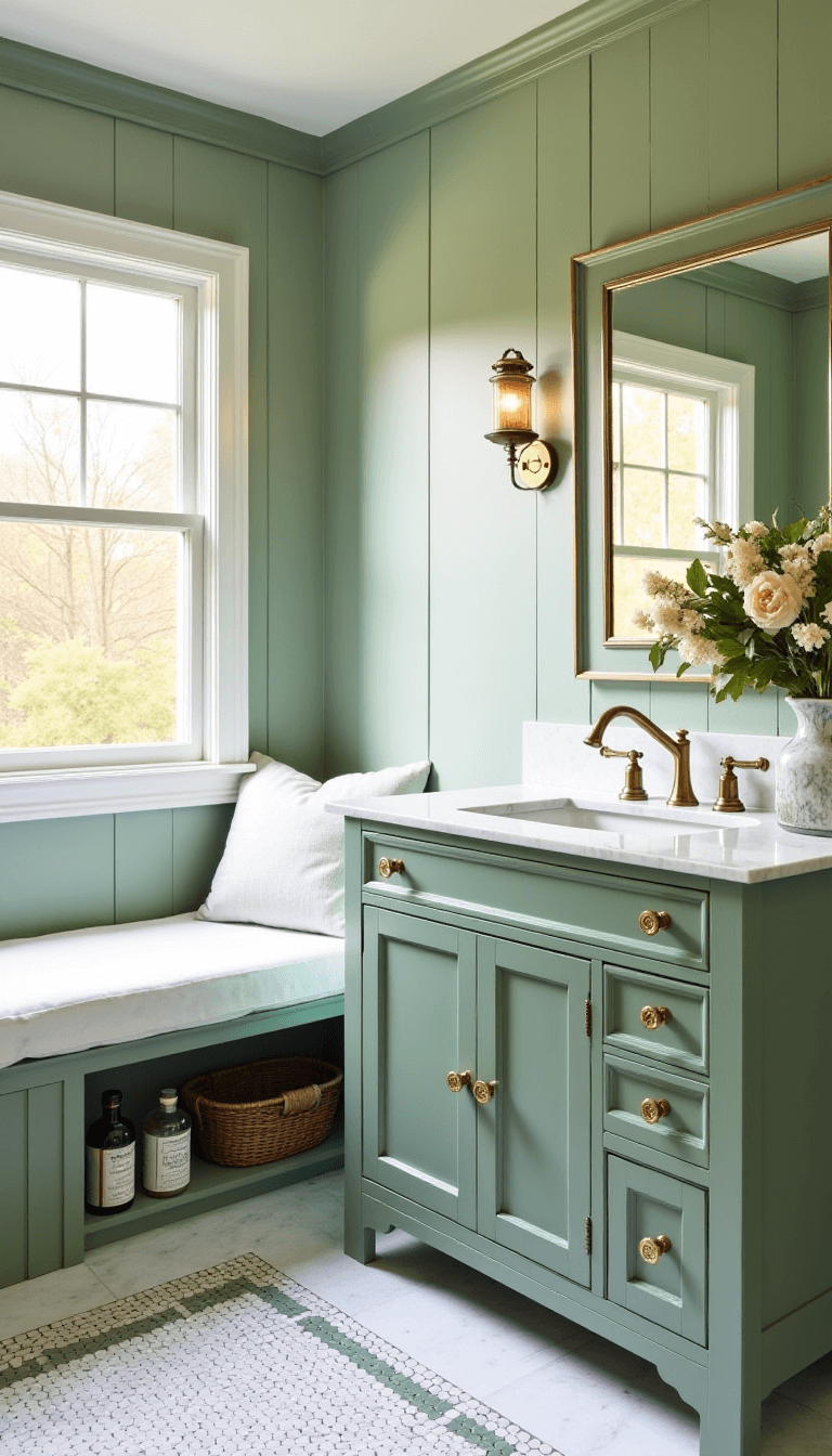 Elegant modern bathroom with sage green walls and white trim, custom sage vanity with marble top, brass hardware, traditional sconces, marble and sage basketweave floor tiles, window seat with storage, styled with vintage apothecary bottles and fresh flowers, backlit by morning golden hour light.