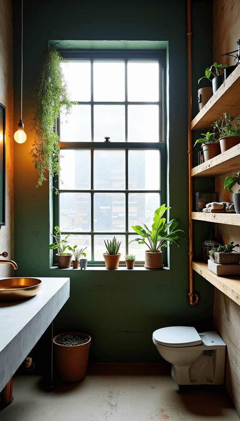 Artist's loft bathroom with sage green industrial windows, concrete vanity, brass basin, exposed copper piping, vintage light fixtures, reclaimed wood shelves with various objects, and trailing plants in an urban organic atmosphere.