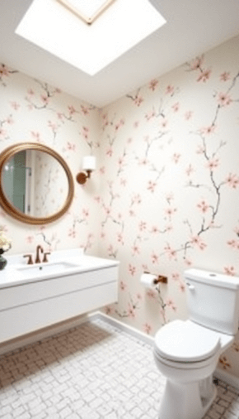 Morning light shining in a 5x7ft serene bathroom featuring cherry blossom wallpaper, white floating vanity with integrated sink, rose gold fixtures, and skylight.