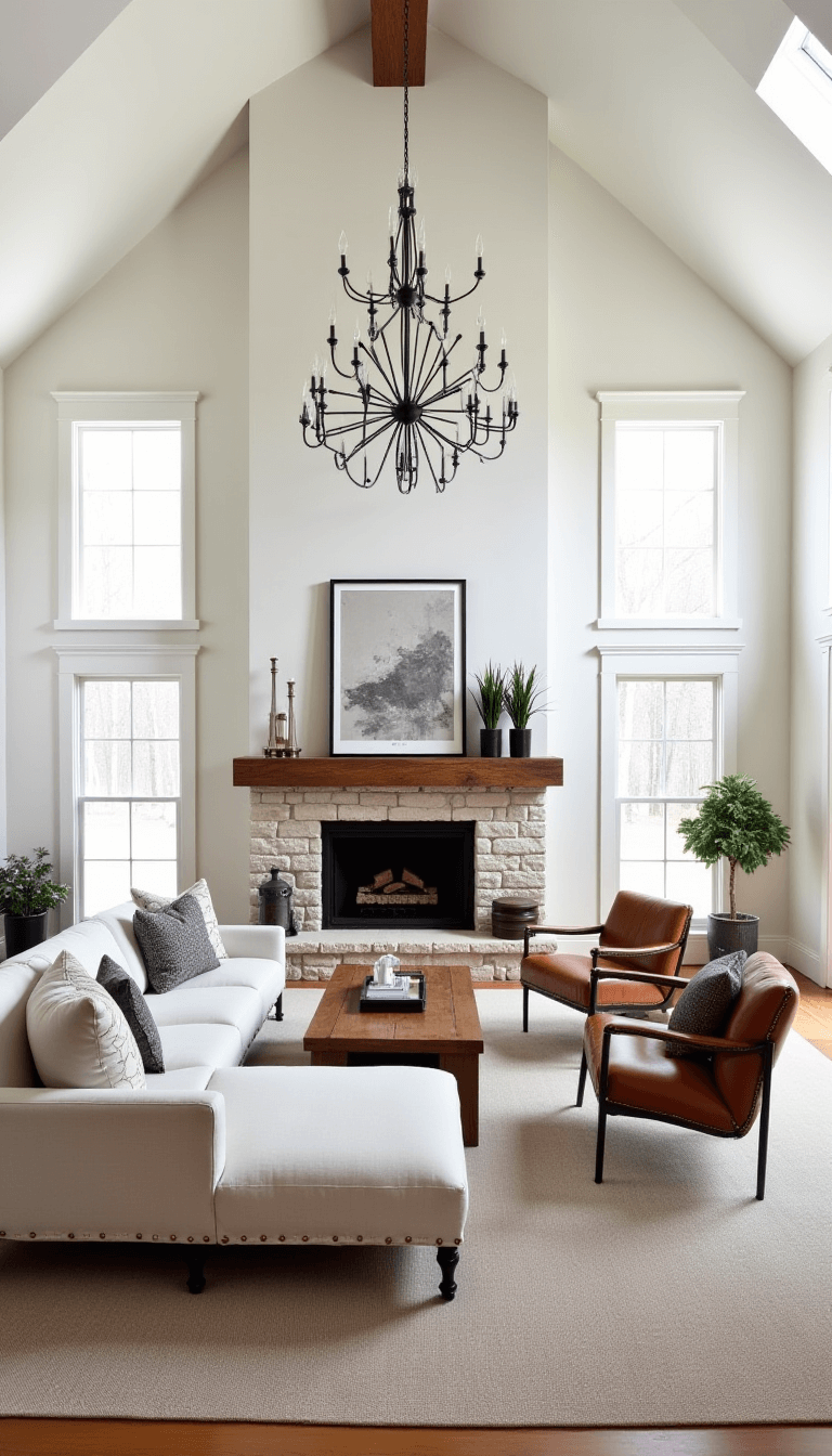 Bright and spacious 20x24' modern farmhouse great room featuring cathedral ceiling, linen sectional facing a stone fireplace with rustic beam mantel, vintage leather chairs, and a black industrial chandelier, shot from an elevated position on the staircase landing, showing natural light from clerestory windows and color scheme of warm white, natural stone, leather brown and black accents.