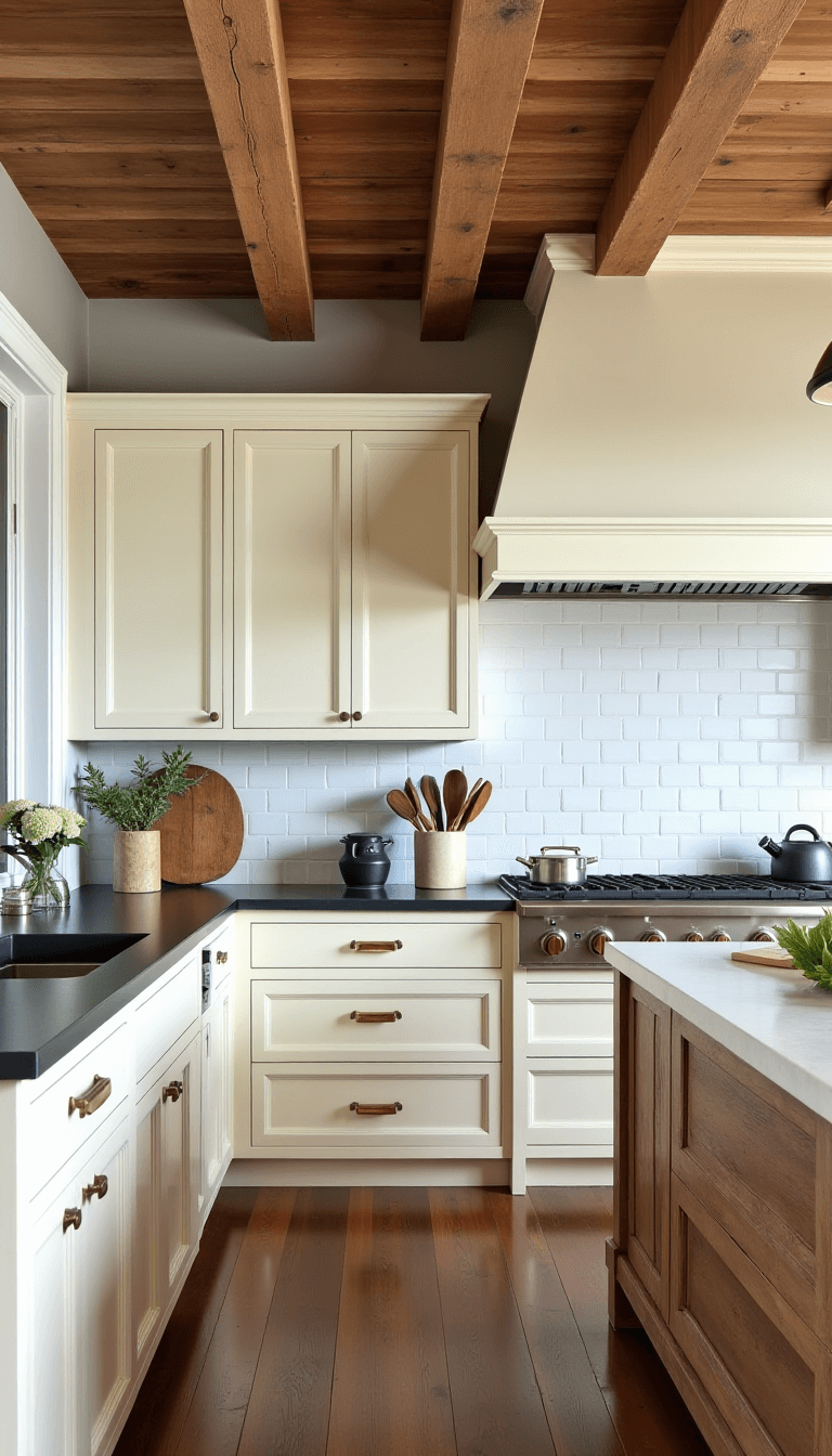Rustic-modern farmhouse kitchen with beamed ceiling, soapstone counters, cream cabinets, handmade tile backsplash, and a massive island with a weathered oak base, capturing the contrast of materials and functional beauty.