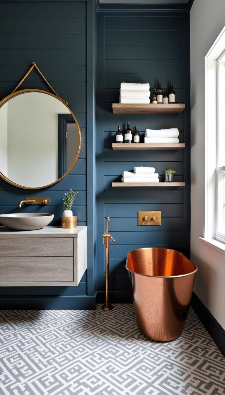 A bird's eye view of a vintage-modern bathroom at noon, featuring a freestanding copper tub against a slate blue shiplap wall, a concrete vessel sink on a grey oak vanity, an oversized round mirror reflecting natural light, open shelving displaying vintage apothecary bottles and white linens, and a grey and white geometric floor.