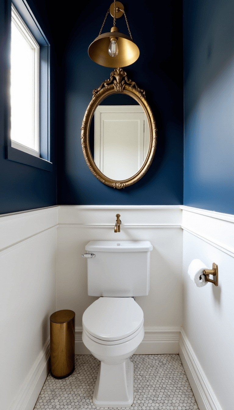 Powder room with deep navy feature wall, Pale Spa White walls, brass accents, and white marble hexagon tiles with afternoon light filtering through a small window.