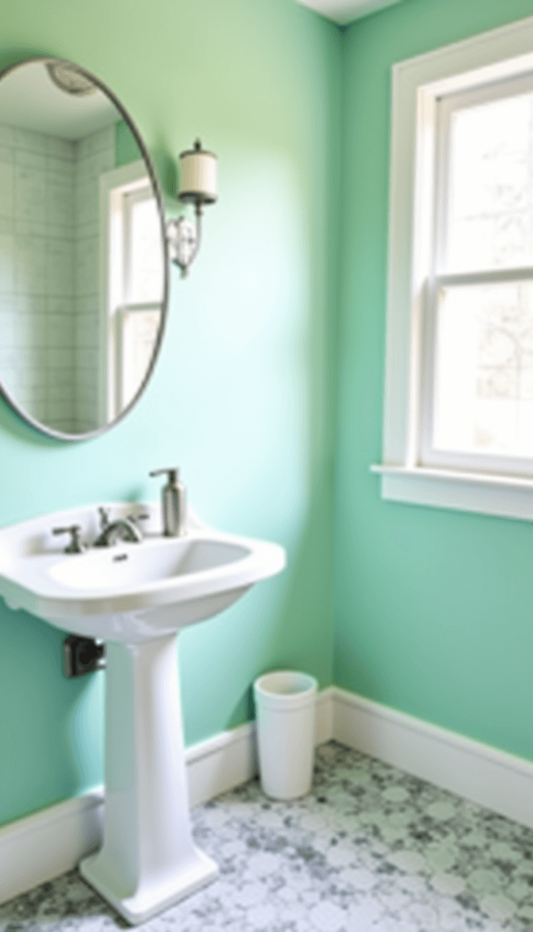 Vintage-inspired mint bathroom with white trim, pedestal sink, polished nickel faucet, marble honeycomb floor, and oval mirror reflecting morning light.