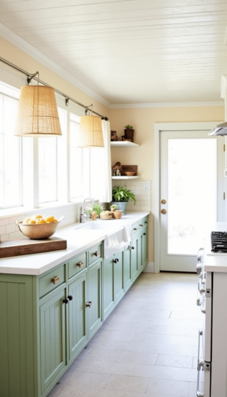 Spacious 15x18ft coastal kitchen with sage green beadboard cabinets, white shell stone counters, rattan pendants, and beach-inspired decor illuminated by diffused afternoon light through gauzy curtains.