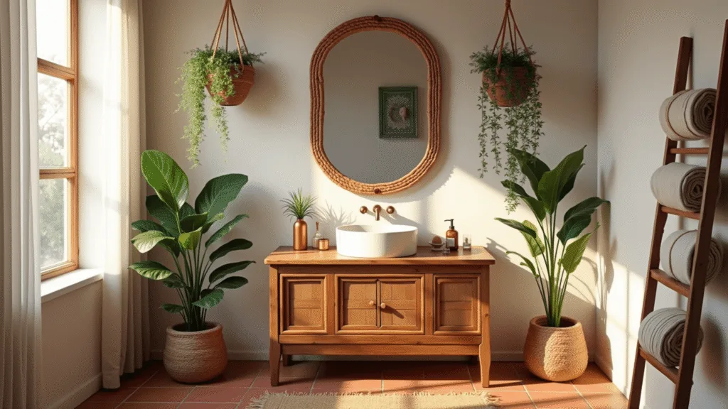 "Boho chic bathroom with wooden vanity, rattan mirror, macramé hanging plants, terracotta tiles, and warm lighting"
