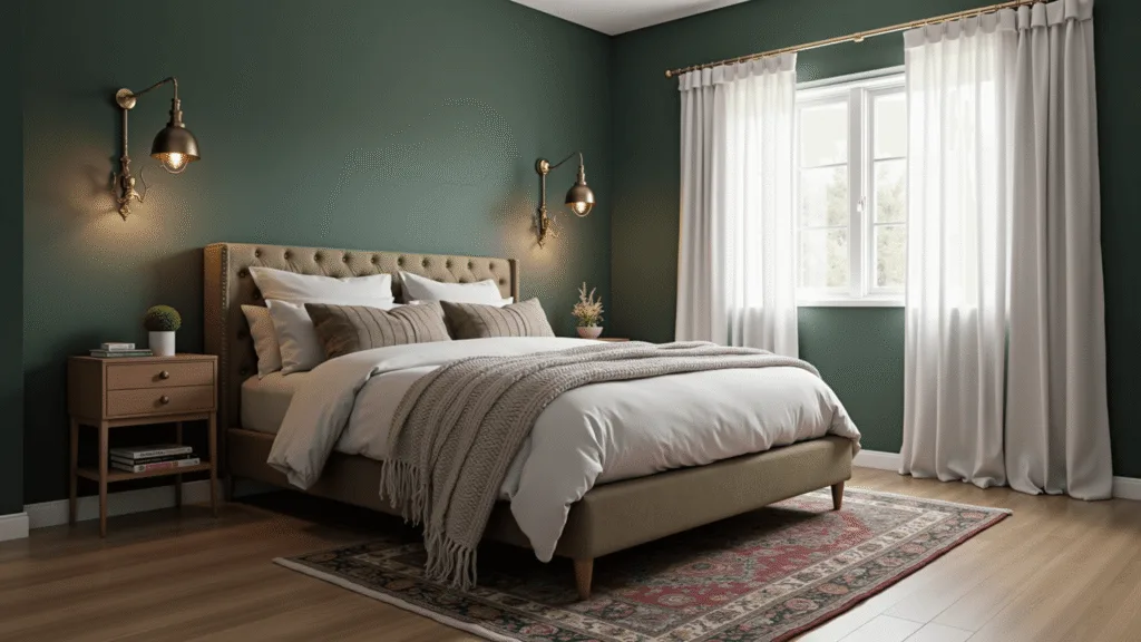 "Dark sage green bedroom with brass lighting, ivory linen bedding, textured decor, and vintage Persian rug, bathed in soft morning light"