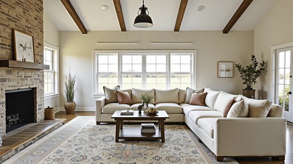 "Modern farmhouse living room with vaulted ceiling, exposed beams, oatmeal linen sectional, vintage rugs, stone fireplace, enjoying a cream, wheat, charcoal, and sage palette bathed in golden hour light."