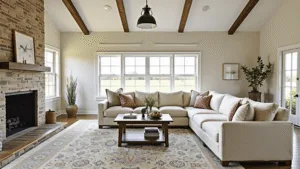 "Modern farmhouse living room with vaulted ceiling, exposed beams, oatmeal linen sectional, vintage rugs, stone fireplace, enjoying a cream, wheat, charcoal, and sage palette bathed in golden hour light."
