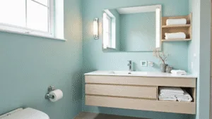 "Small modern bathroom with sky blue walls, white fixtures, floating oak vanity, and natural morning light"