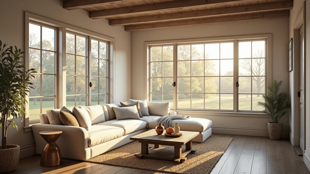 "Rustic farmhouse living room with warm sunlight, weathered wood beams, cream linen sofa, vintage decor, and jute rug on oak floors."