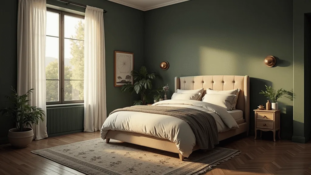 "Sophisticated bedroom with sage green walls, queen-size bed, brass accents, vintage Persian rug, and potted plants bathed in warm golden sunlight."