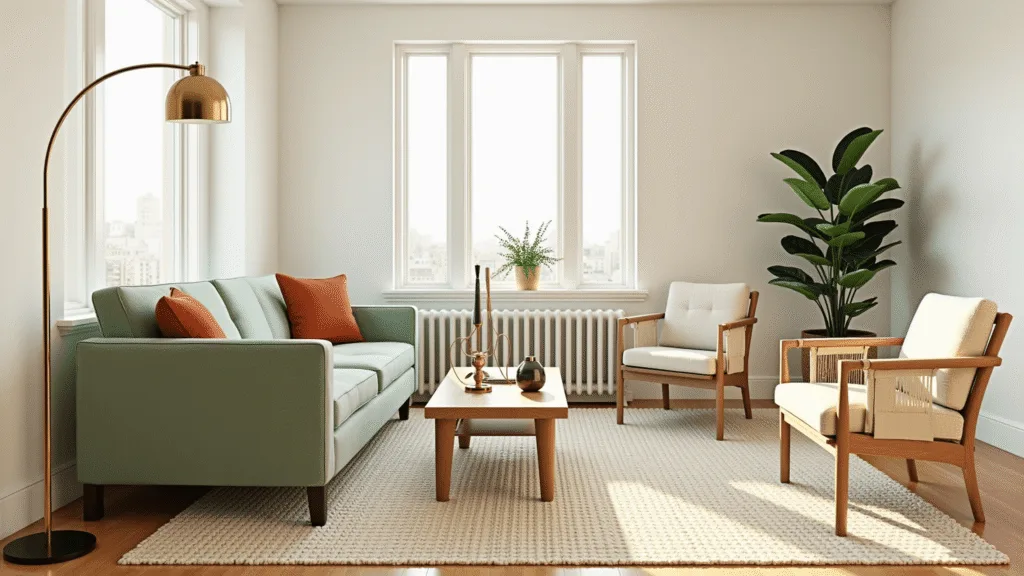"Sage green living room with velvet sofa, brass accents, cream chairs and natural sunlight"
