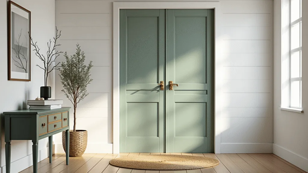 "Sage green double door in a sunlit modern farmhouse entryway with brass hardware, whitewashed shiplap walls, and natural oak flooring"