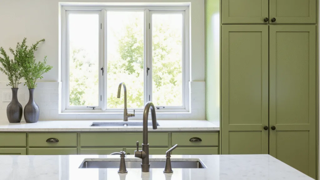 "Sage green kitchen cabinets with brass hardware, white quartz countertops, and fresh herbs in ceramic vases by a large window with natural light streaming in"