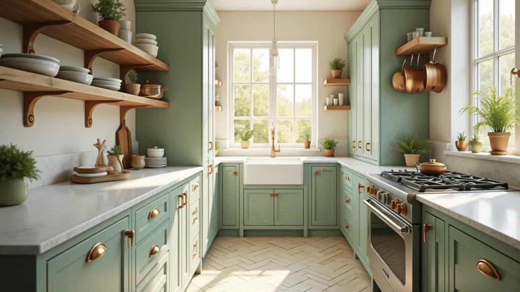 "Sage green kitchen with brass hardware, marble countertops, vintage copper pots, fresh herbs, cream herringbone floor in natural sunlight"