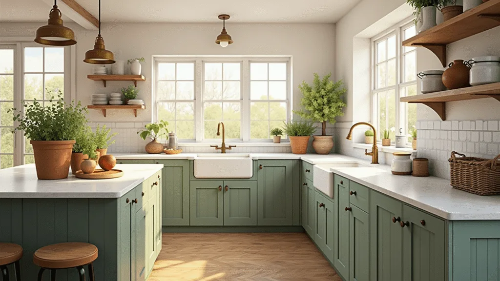"Sunny farmhouse kitchen with sage green cabinets, marble counters, vintage brass fixtures, terracotta herb pots, oak floors, and warm afternoon light."