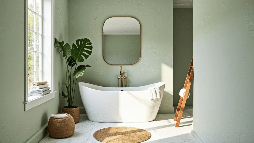 "Serene sage bathroom with modern white tub, vintage brass fixtures, marble hexagon floor, jute rug, and monstera plant in natural light"