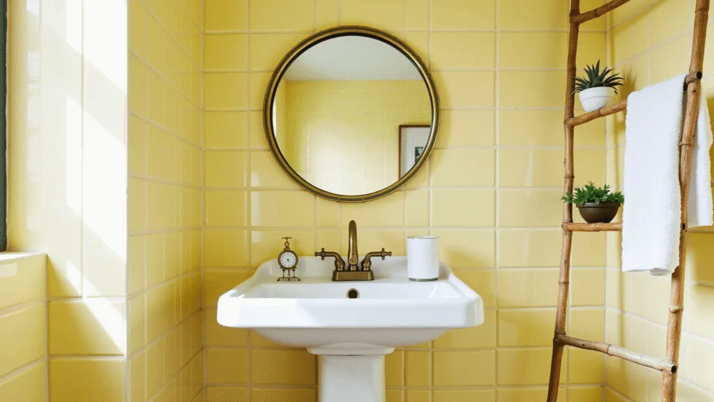 "Bright bathroom with vintage yellow tiles, white sink, brass-framed mirror, minimalist fixtures, fluffy towels, and a bamboo ladder shelf with accessories in soft morning light."