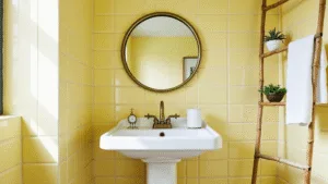 "Bright bathroom with vintage yellow tiles, white sink, brass-framed mirror, minimalist fixtures, fluffy towels, and a bamboo ladder shelf with accessories in soft morning light."