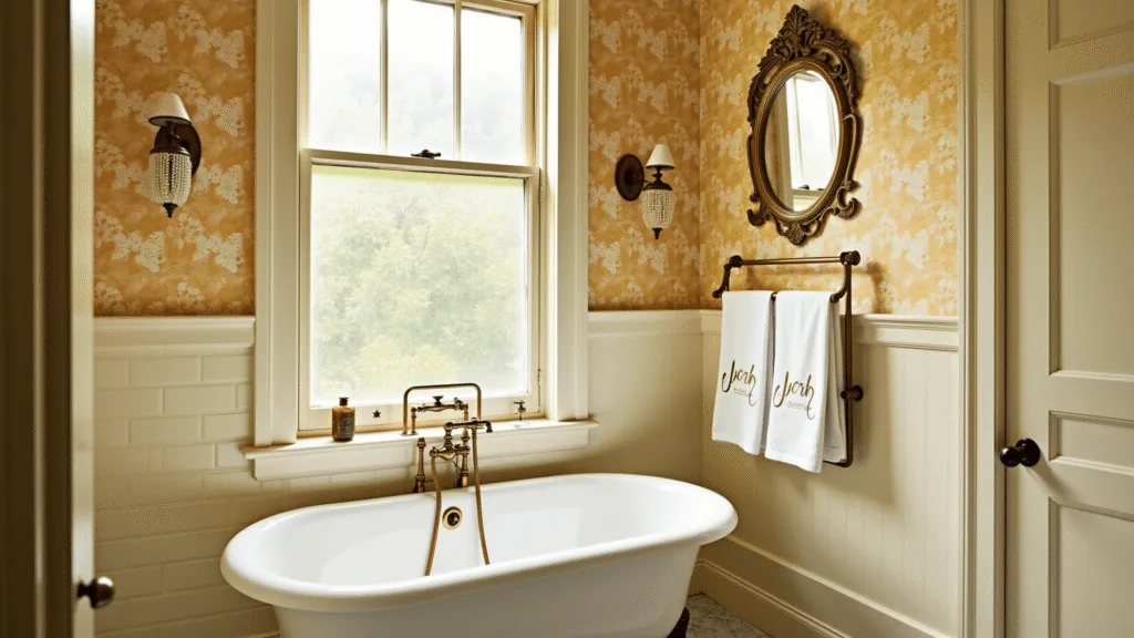 "Vintage bathroom with clawfoot tub, brass fixtures, and cream subway tiles illuminated by morning sunlight"