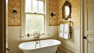 "Vintage bathroom with clawfoot tub, brass fixtures, and cream subway tiles illuminated by morning sunlight"