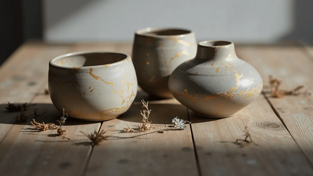 "Wabi-sabi pottery collection with kintsugi repairs on rustic wooden table in natural light"